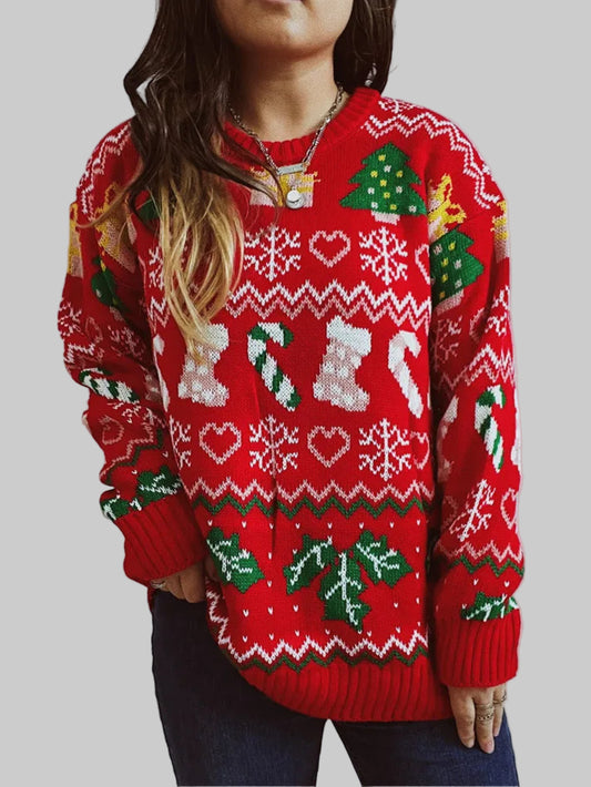 Christmas Snowflake, Trees, Stockings Long Knitted Sweater