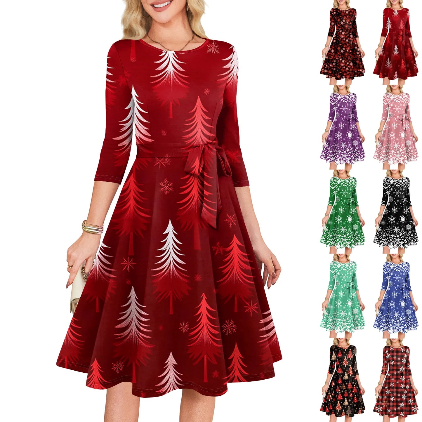 Women's A Line O Neck Polyester Dress Christmas Print Slim
