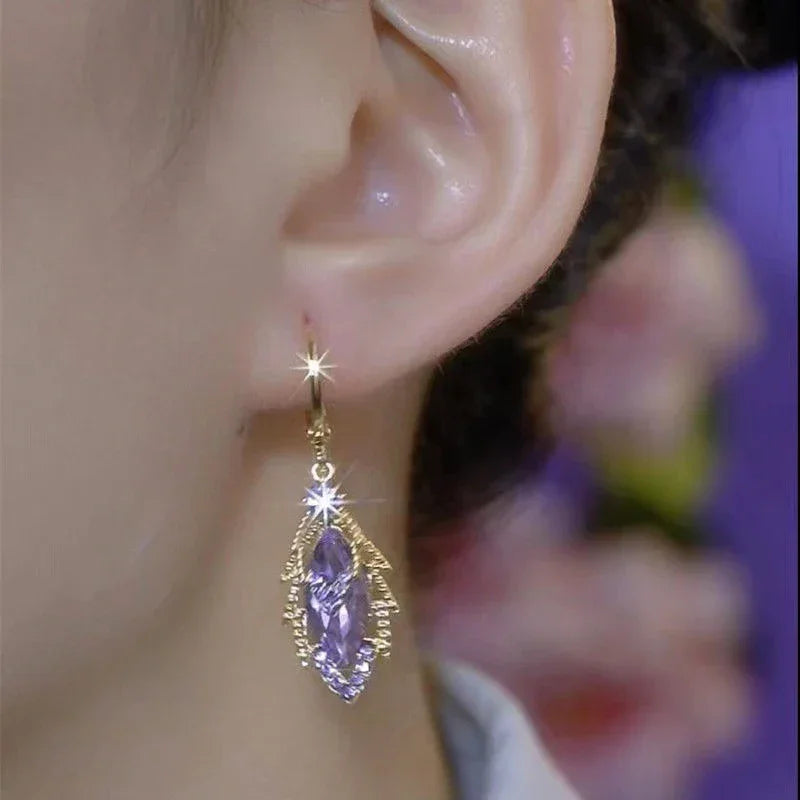 Rhinestone Leaves Pendant Earrings Gold Color Jewelry