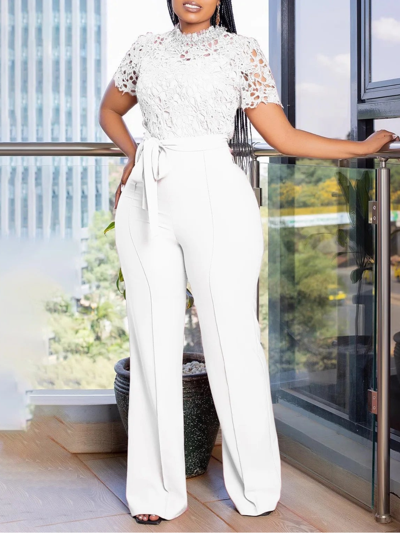 Women's Straight O Neck Lace Patchwork Jumpsuit | Polyester