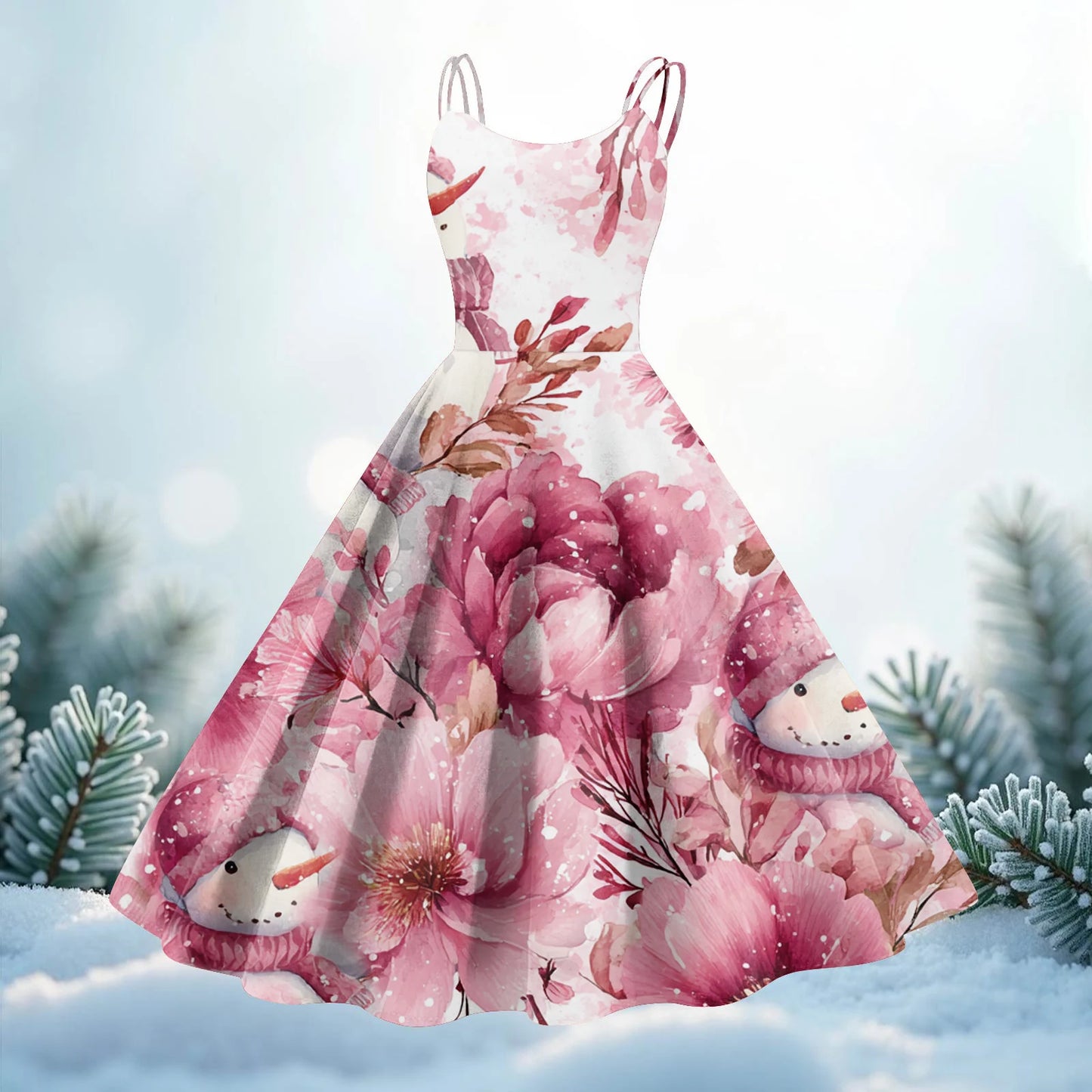 Women Christmas Print Spaghetti Strap Polyester Dress