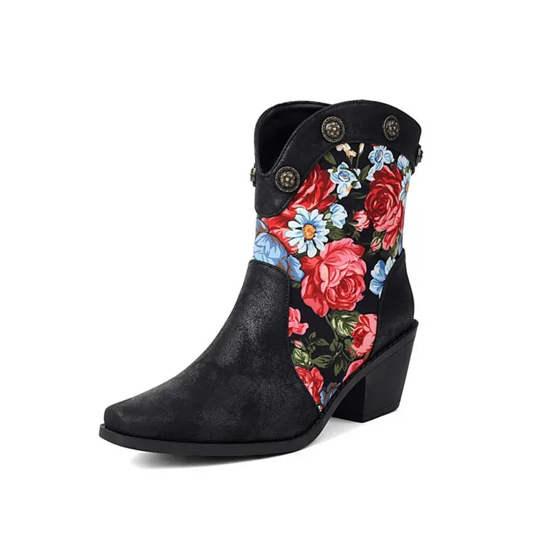 Flower Print Ankle Boots Women Wedge Heel 6cm Slip On Retro
