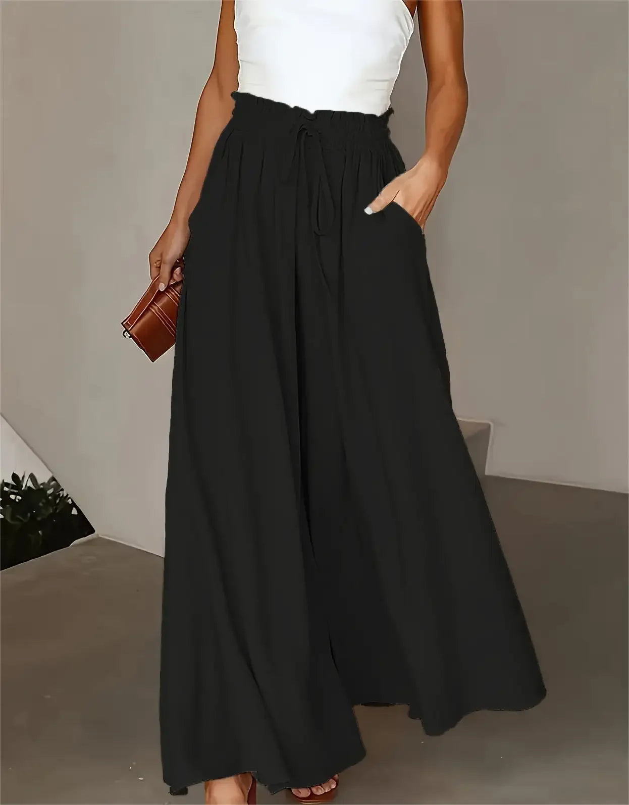 Plus Size Polyester Wide Leg Pants | Elastic High Waist | Ankle Length