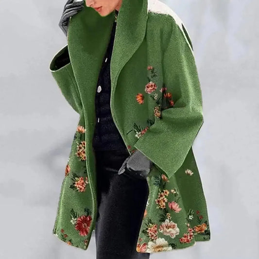 Warm Mid Length Floral Print Coat With Turn Down Collar | Plus Size