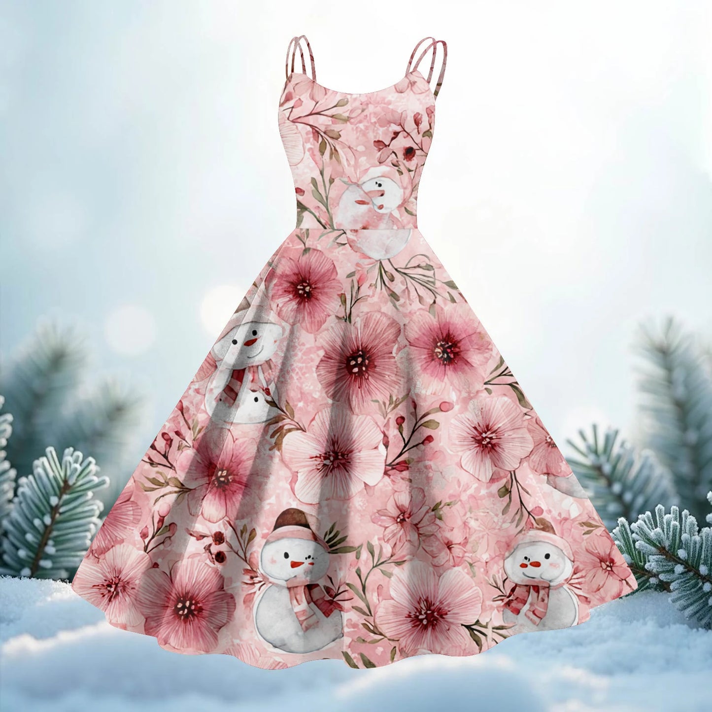 Women Christmas Print Spaghetti Strap Polyester Dress
