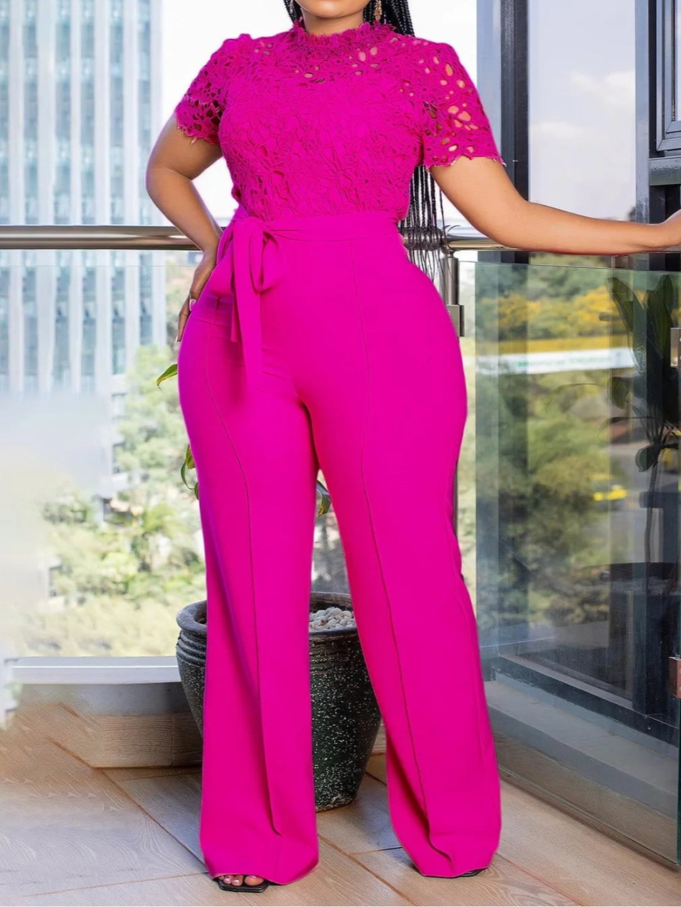 Women's Straight O Neck Lace Patchwork Jumpsuit | Polyester