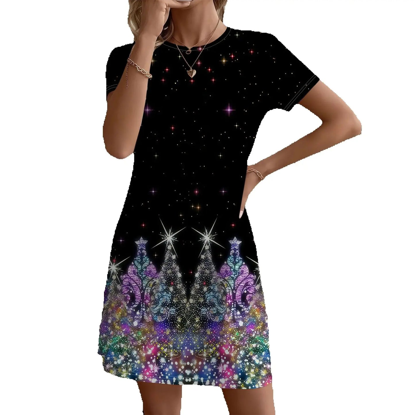 Women's A Line Polyester Christmas Tree Print Short Sleeve