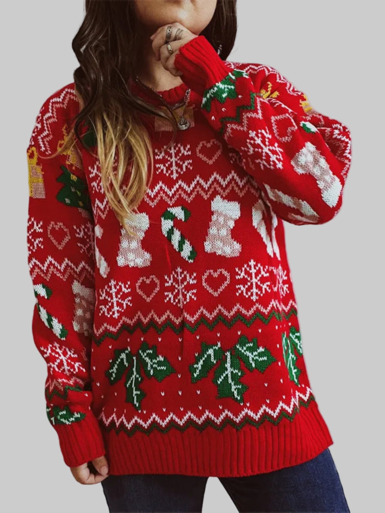 Christmas Snowflake, Trees, Stockings Long Knitted Sweater