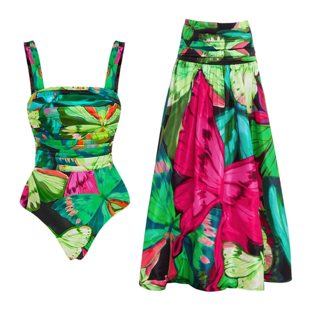Flower Ruffle Swimsuit With Cover Up V Neck Bikini