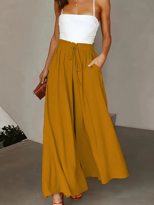 Plus Size Polyester Wide Leg Pants | Elastic High Waist | Ankle Length