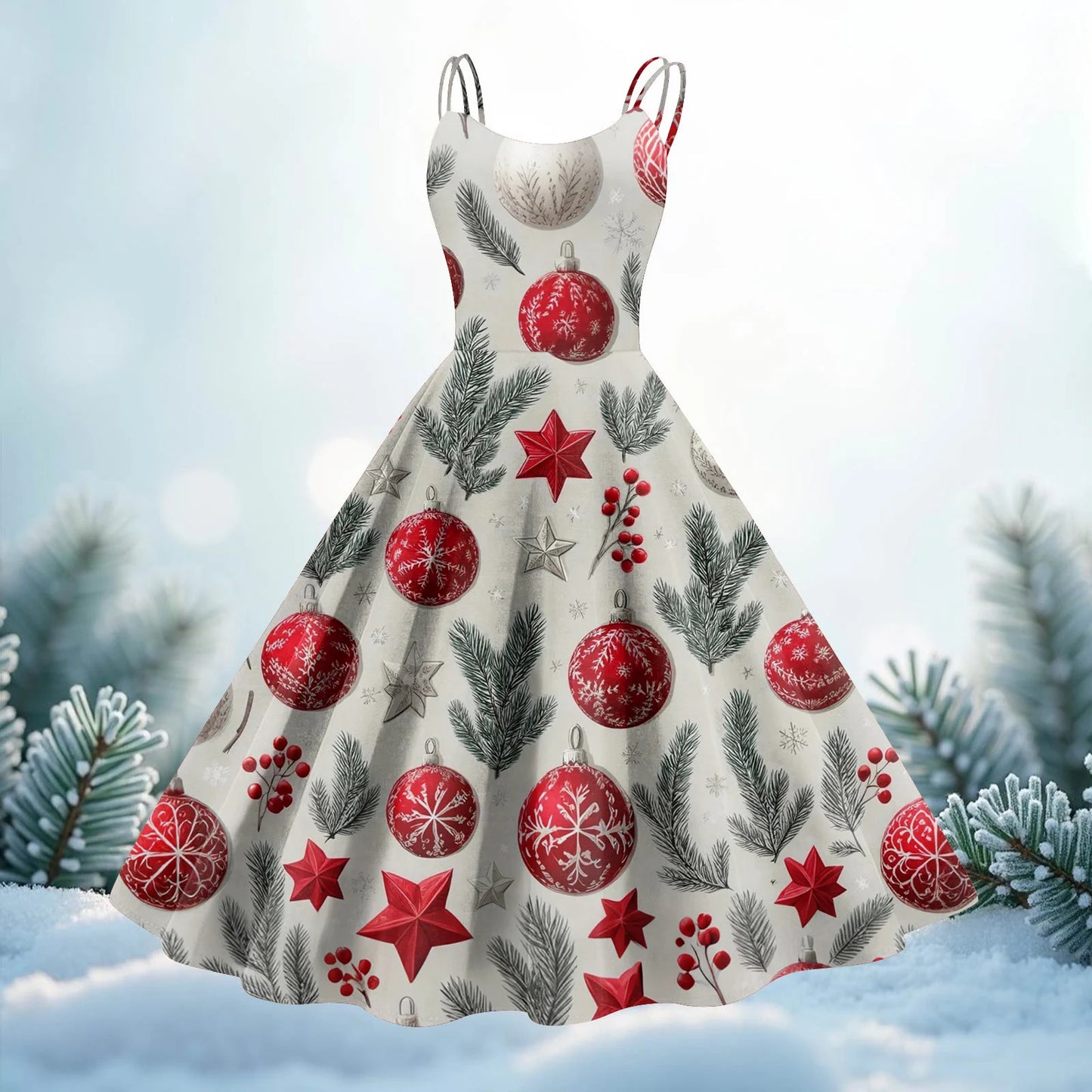 Round Neck Polyester Christmas Print Women's Loose Dress