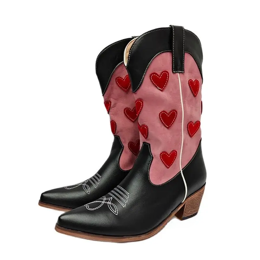 Black With Pink Valentine Heart Mid Calf Western Cowgirl Boots For Women & Teens