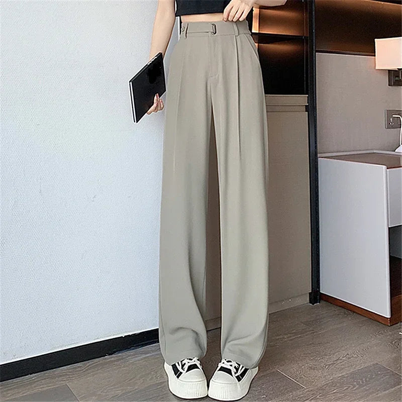 Womens Wide Leg High Waist Solid Polyester Spandex Regular