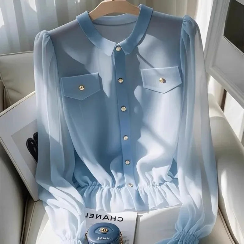 Solid Color Chiffon Polo Collar Shirt For Office Wear