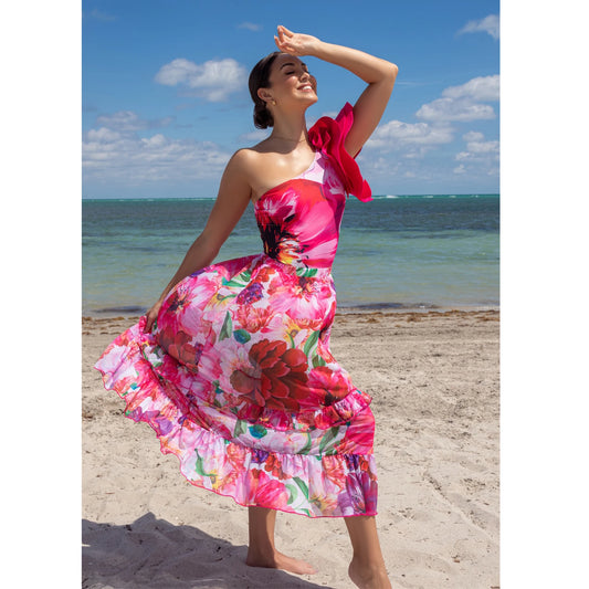 Floral One-Piece Swimsuit with Ruffle Shoulder and Matching Cover-Up