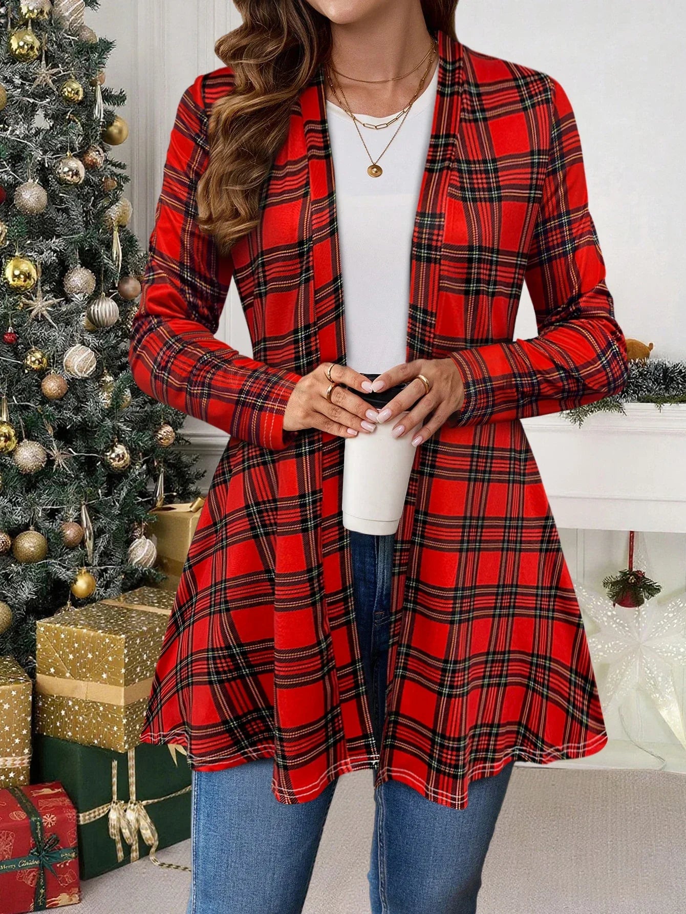 Christmas Plaid Knit Open Front Cardigan