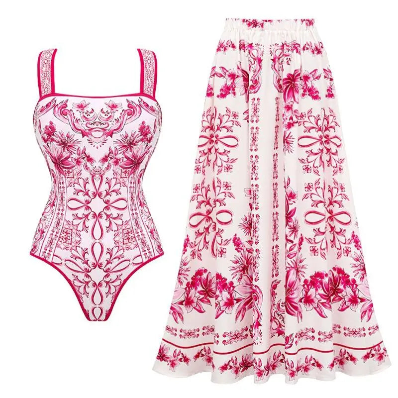 Red & White Mosaic Print Swimsuit Set