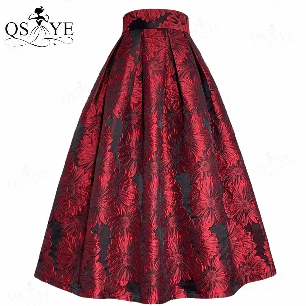 Fuchsia Cutwork Embroidery A-Line Satin Overlay Maxi Evening Gown Skirt