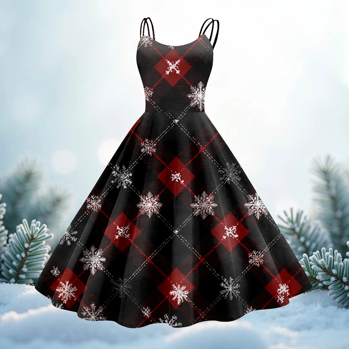 Round Neck Polyester Christmas Print Women's Loose Dress