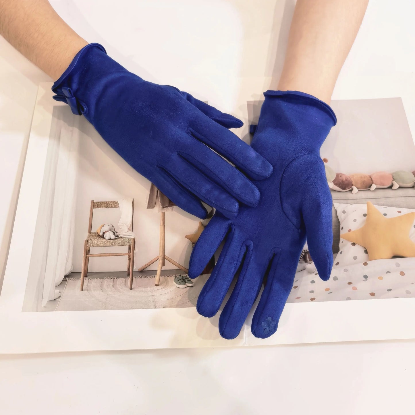 Cotton Polyester Bow Thickened Touch Screen Driving Gloves