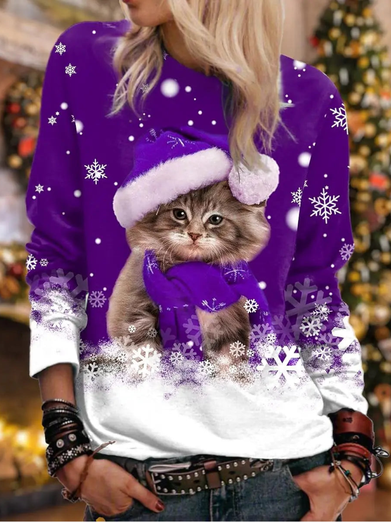 Christmas Cute Kitten With Santa Hat Print Sweatshirt