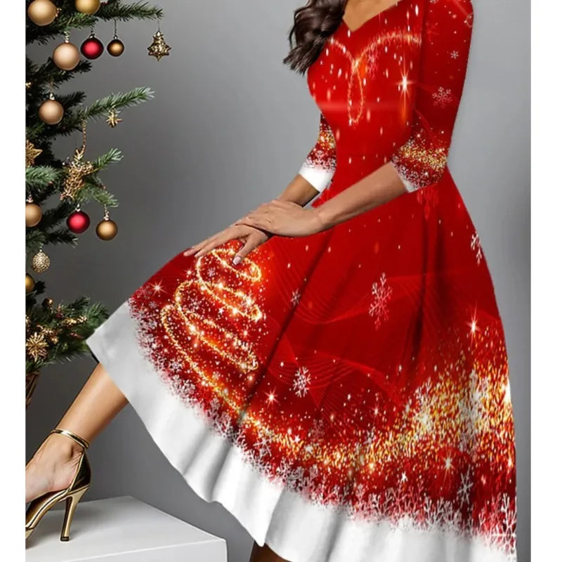 Women's Christmas Print Knit Long Sleeve Dress Polyester