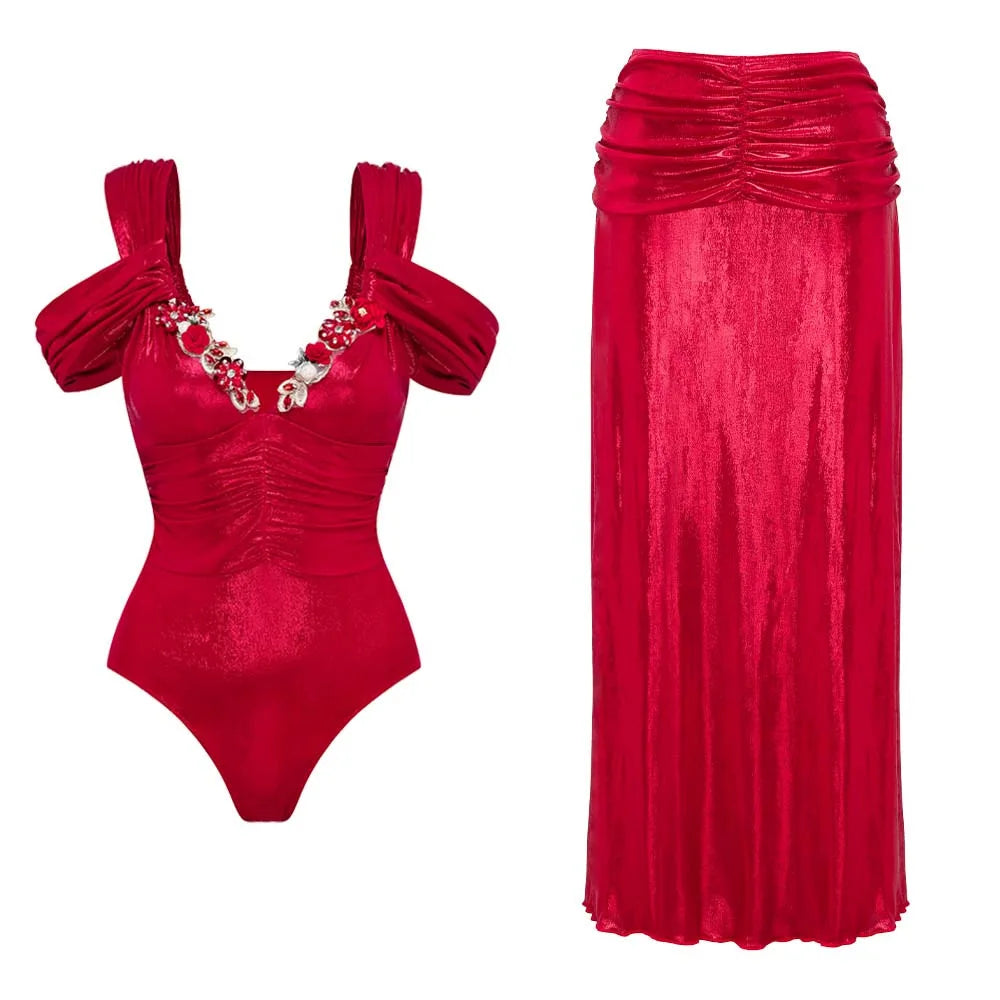 Flower Ruffle Swimsuit With Cover Up V Neck Bikini