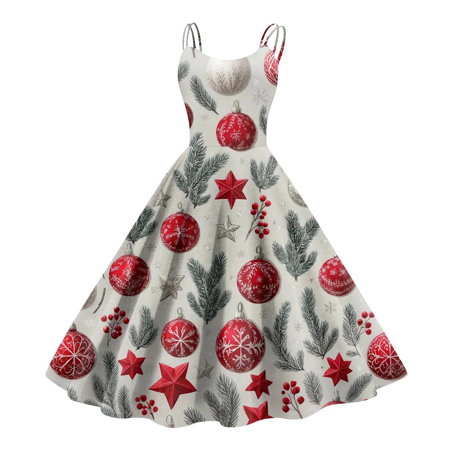 Round Neck Polyester Christmas Print Women's Loose Dress