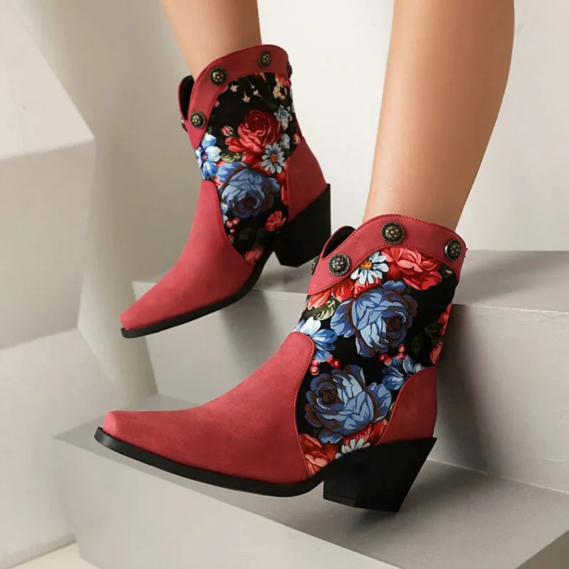 Flower Print Ankle Boots Women Wedge Heel 6cm Slip On Retro