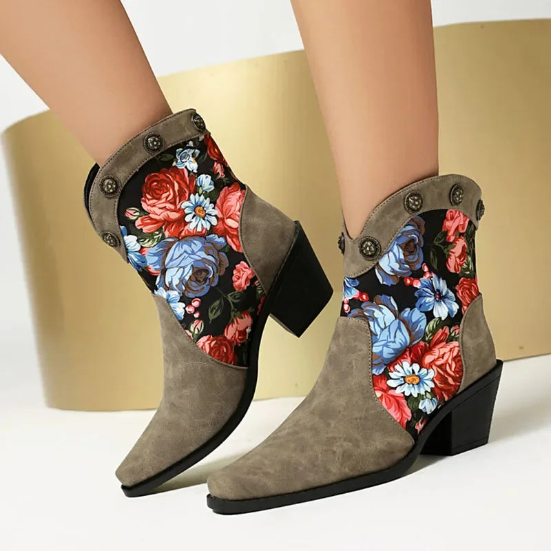 Flower Print Ankle Boots Women Wedge Heel 6cm Slip On Retro