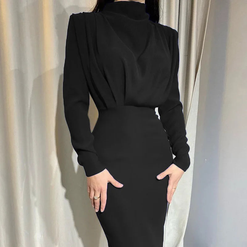 Blue Bodycon Midi Dress With Turtleneck Long Sleeve