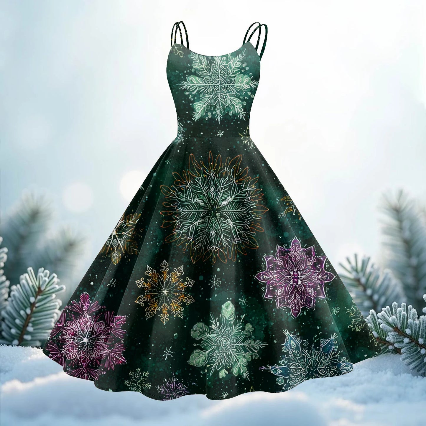 Round Neck Polyester Christmas Print Women's Loose Dress