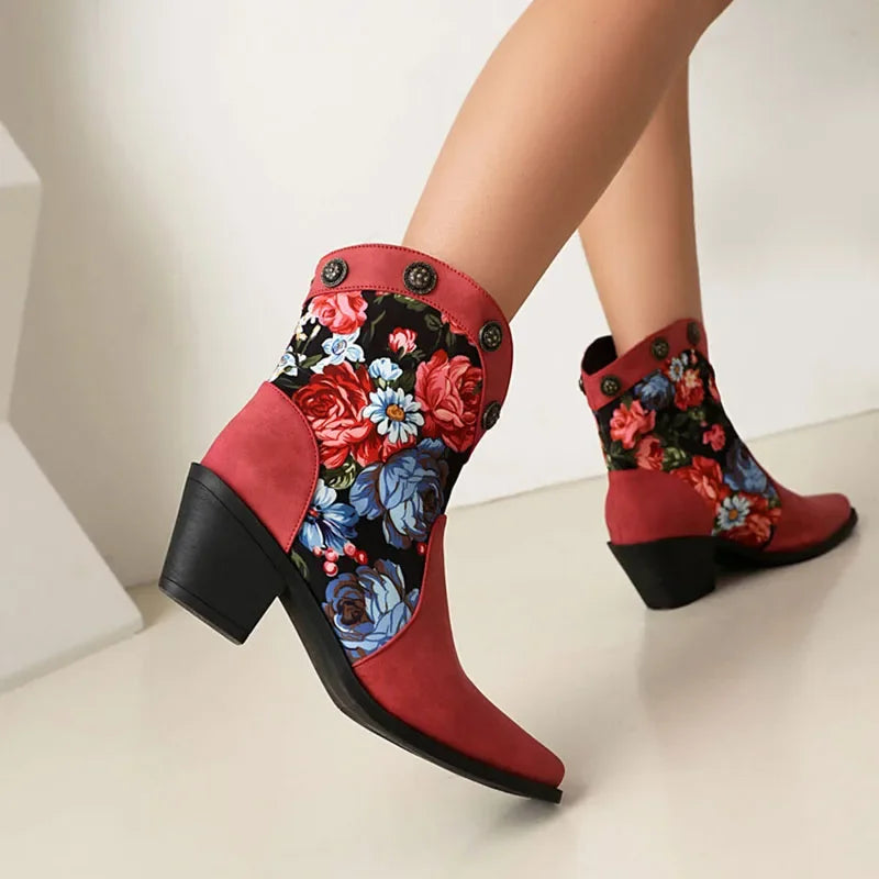 Flower Print Ankle Boots Women Wedge Heel 6cm Slip On Retro