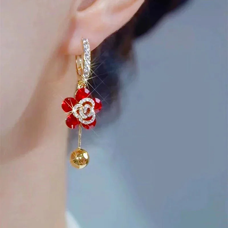 Crystal Rhinestone Rose Pendant Drop Earrings Jewelry