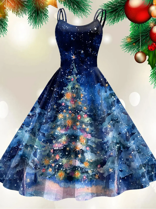 Retro Christmas Tree Art Print Midi Dress