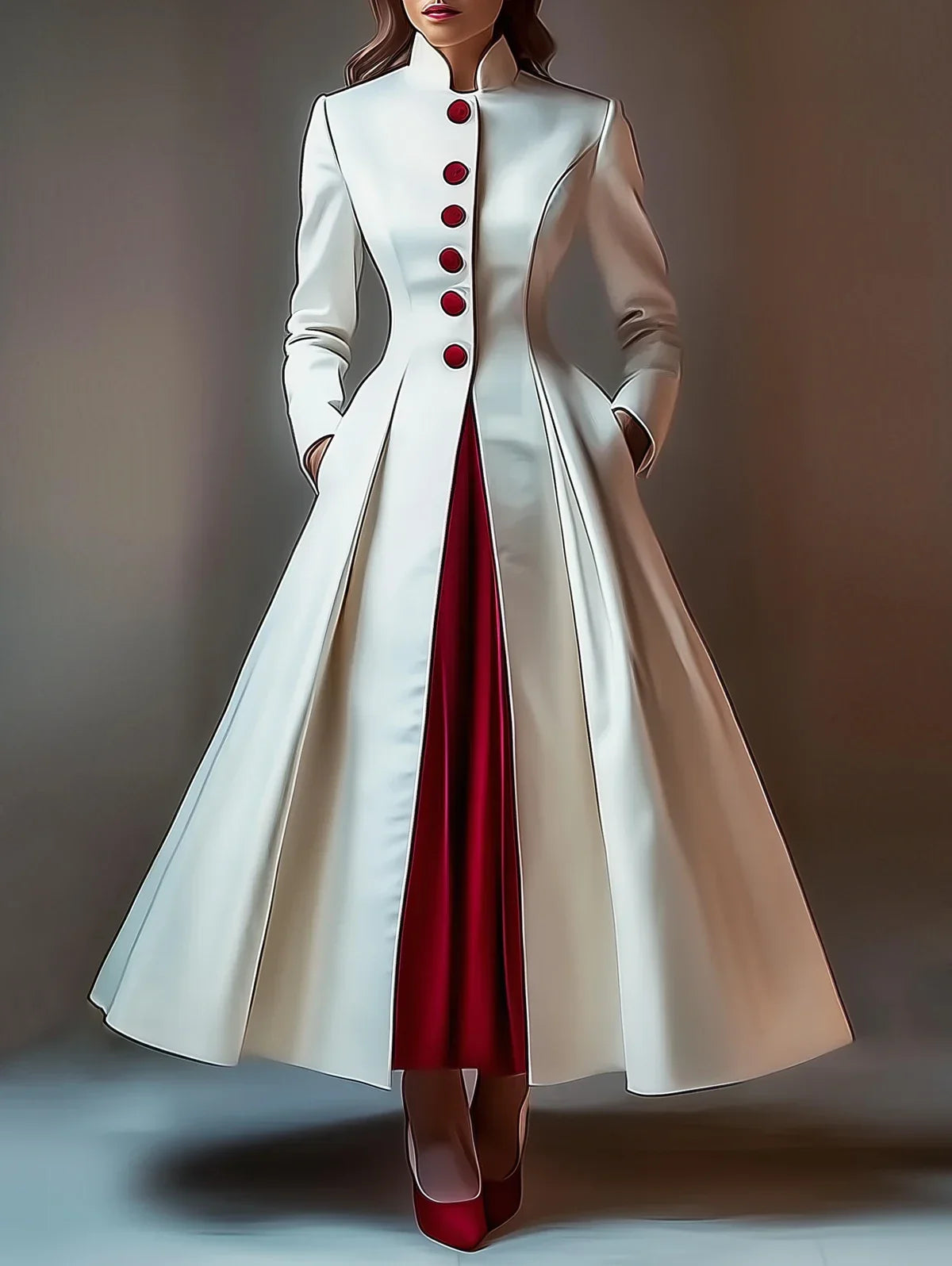Elegant Long Stand Collar Red Button Maxi Dress For Formal Evening