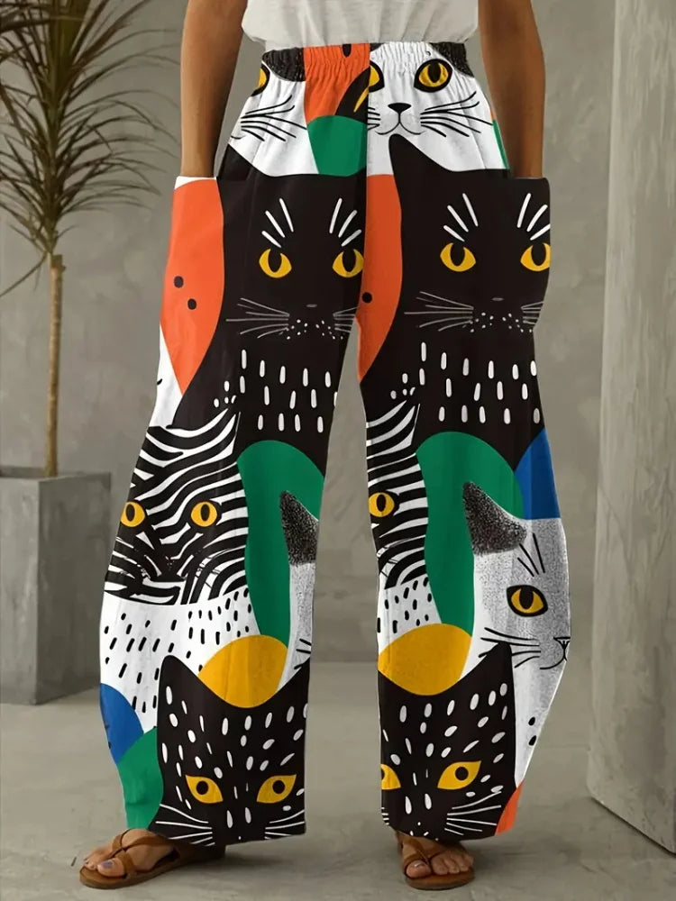 Women's Loose Bloomers Cartoon Cat Print Polyester Pants