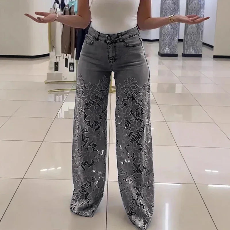 Lace Hollow Jeans High Waist Wide Leg Crochet Spliced
