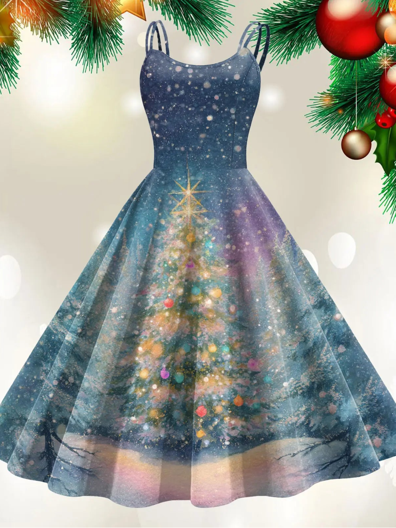 Retro Paint Print Christmas Tree Sleeveless Midi Dress