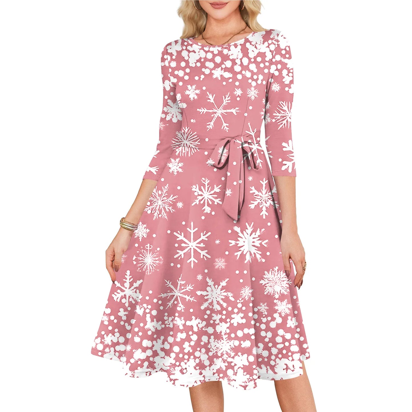 Women's A Line O Neck Polyester Dress Christmas Print Slim
