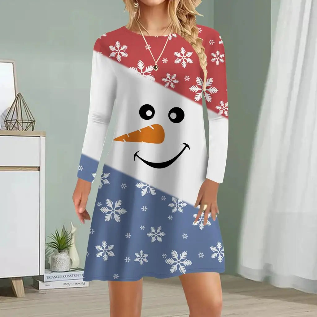 Womens Red Christmas Deer Print Mini Dress Polyester