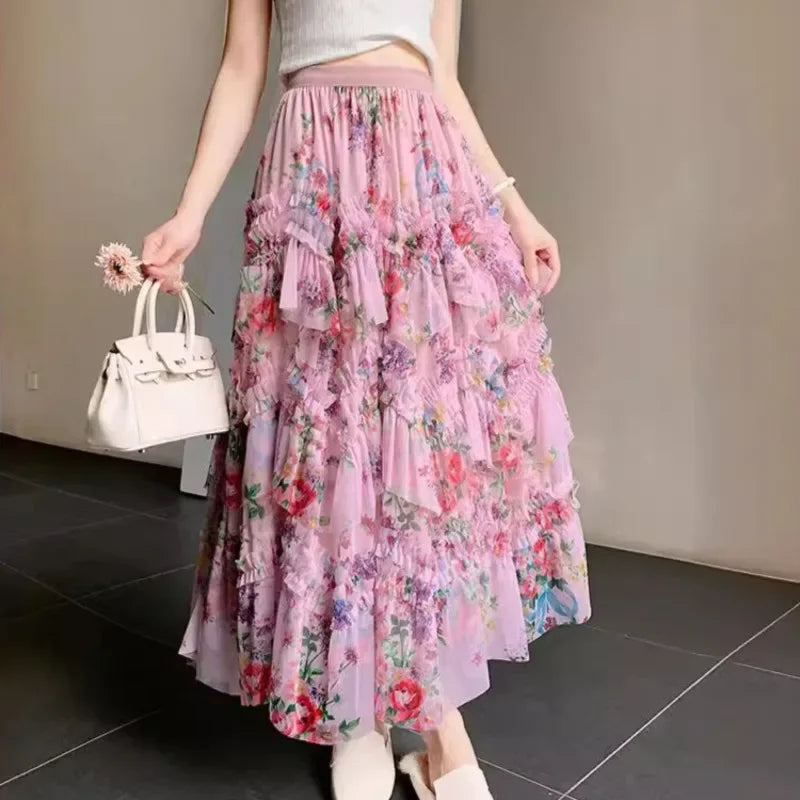 Floral Print Mesh Tulle A-Line Long Skirt