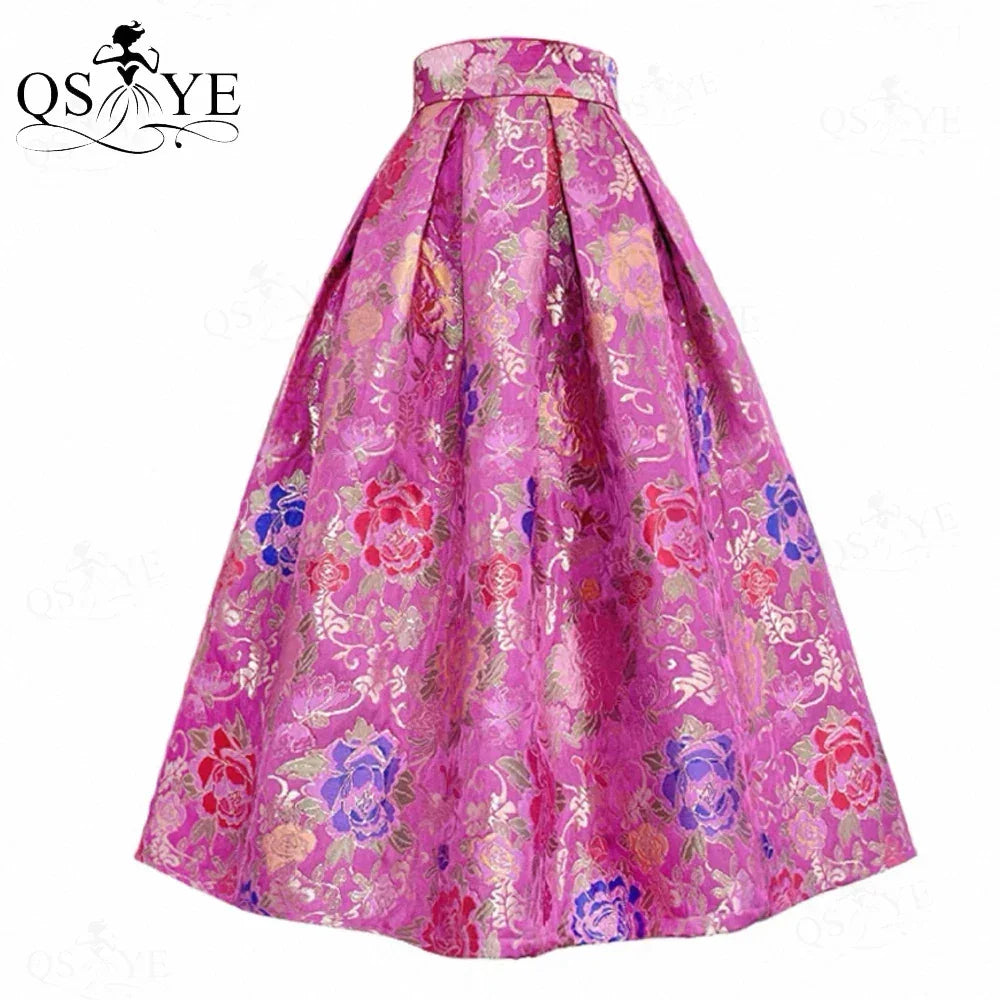 Fuchsia Cutwork Embroidery A-Line Satin Overlay Maxi Evening Gown Skirt