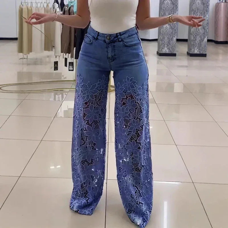 Lace Hollow Jeans High Waist Wide Leg Crochet Spliced