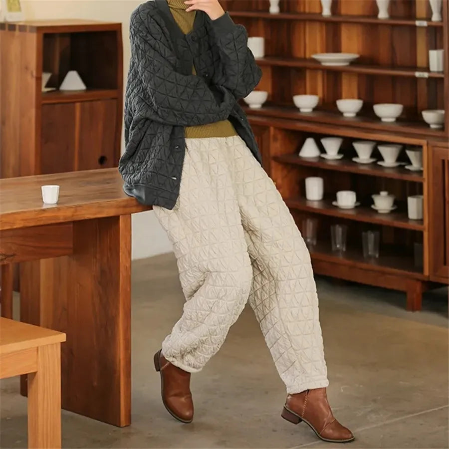 Womens Loose Quilted Cotton Harem Pants Solid High Waist