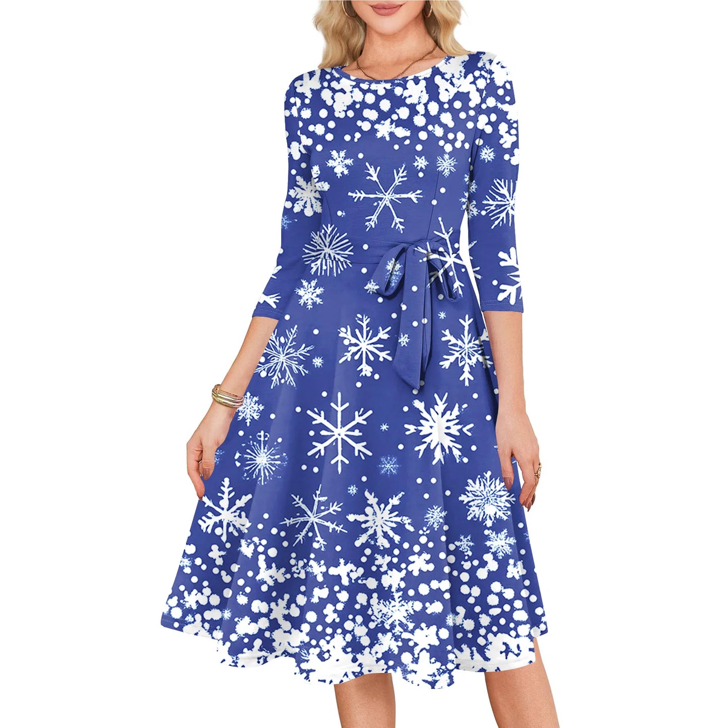 Women's A Line O Neck Polyester Dress Christmas Print Slim