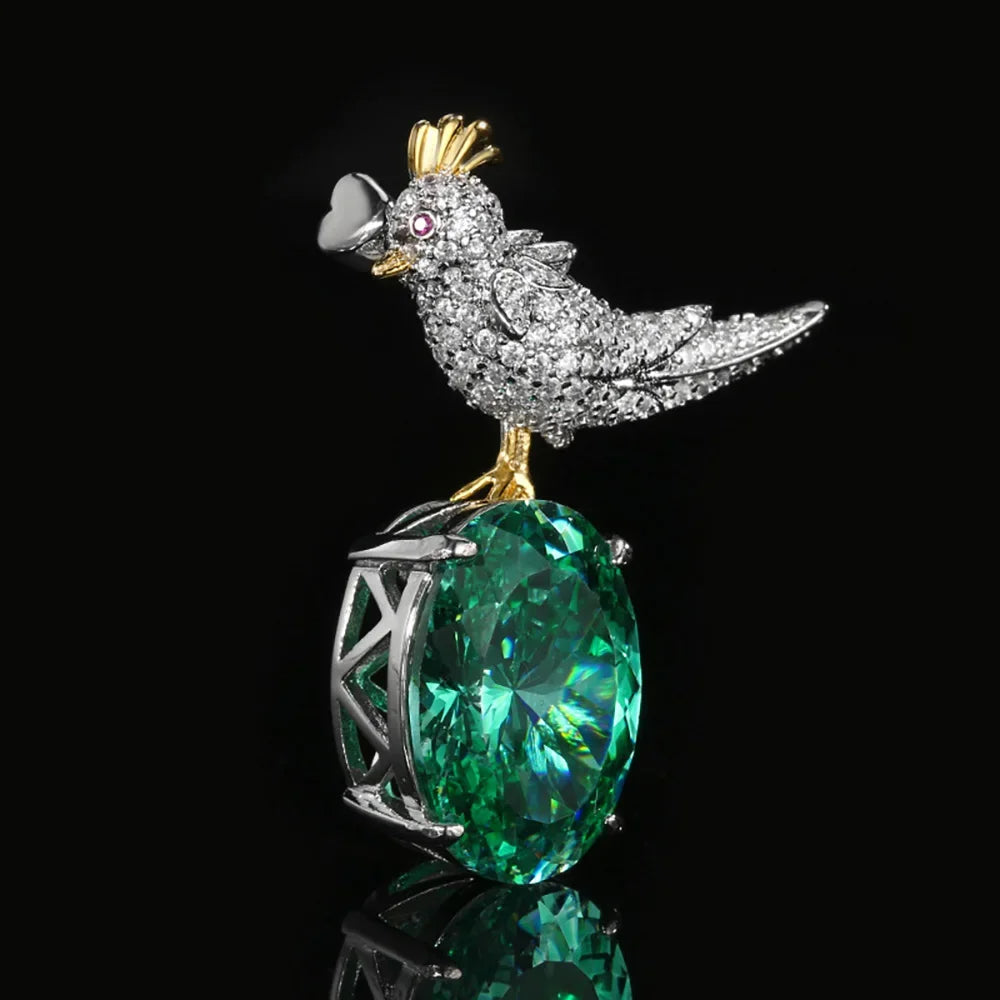 Green Tourmaline Gemstone Magpie Pendant Necklace Brooch Set