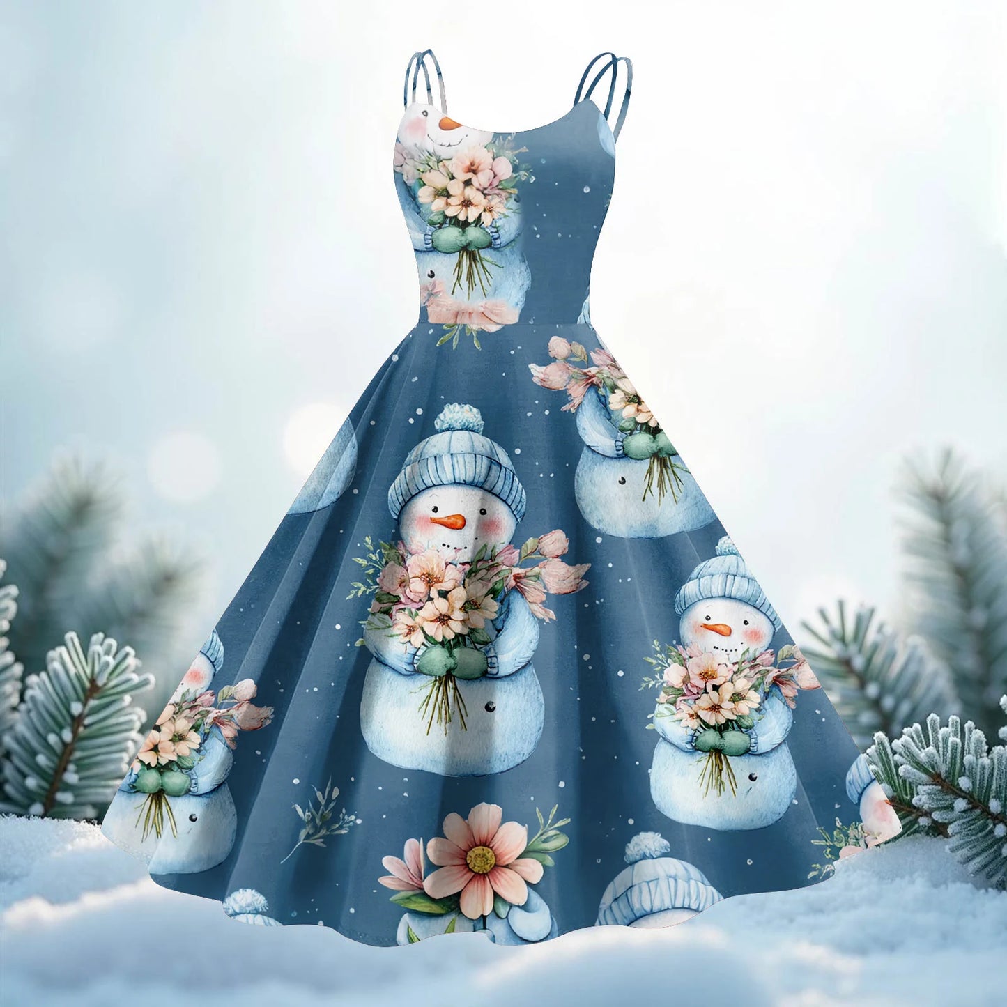 Women Christmas Print Spaghetti Strap Polyester Dress