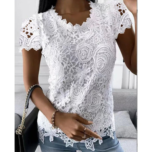 Lace V-Neck Blouse – Short Sleeve Patchwork Summer Top