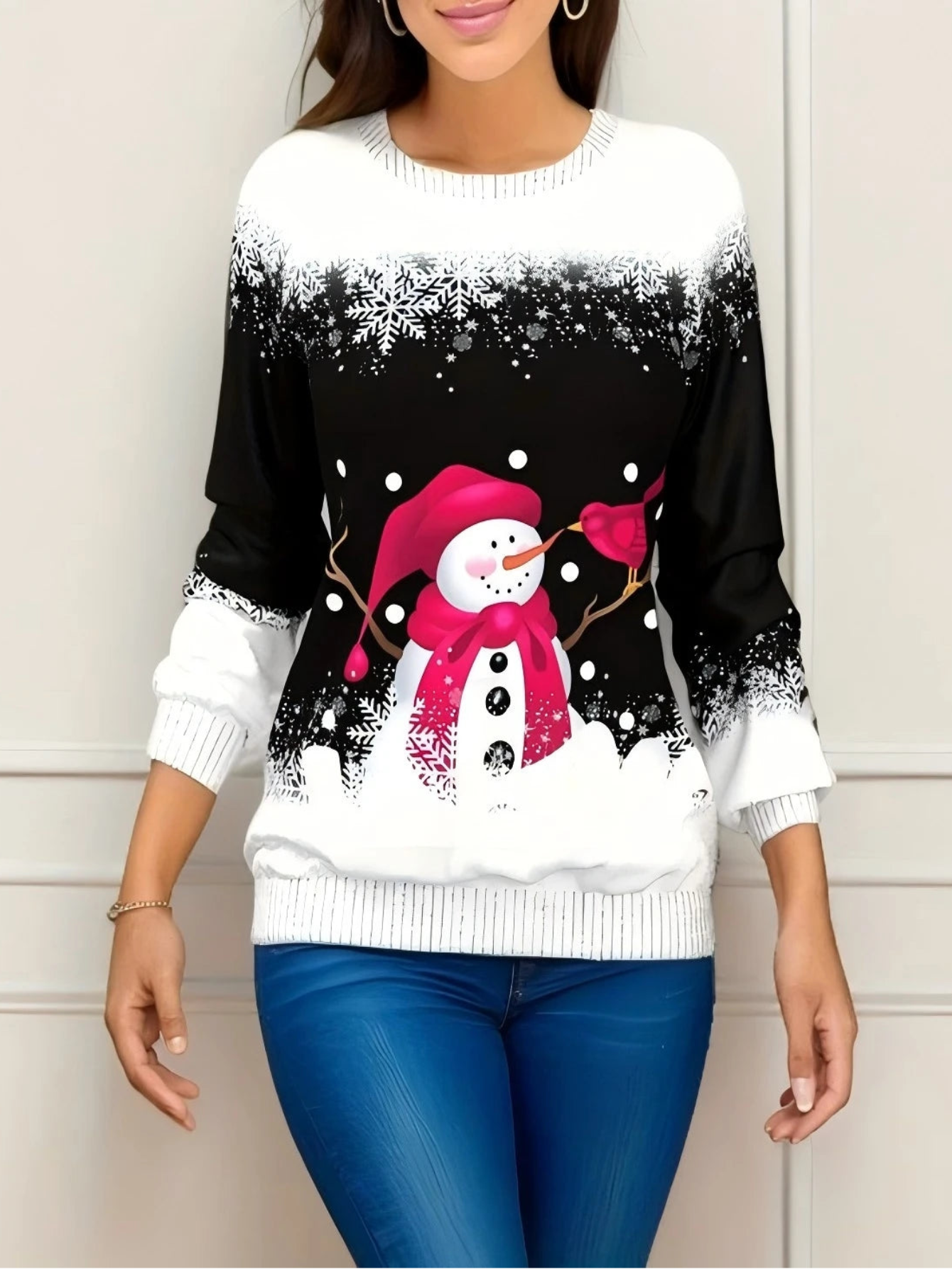 Christmas Snowman & Cardinal Red Bird Print Sweatshirt